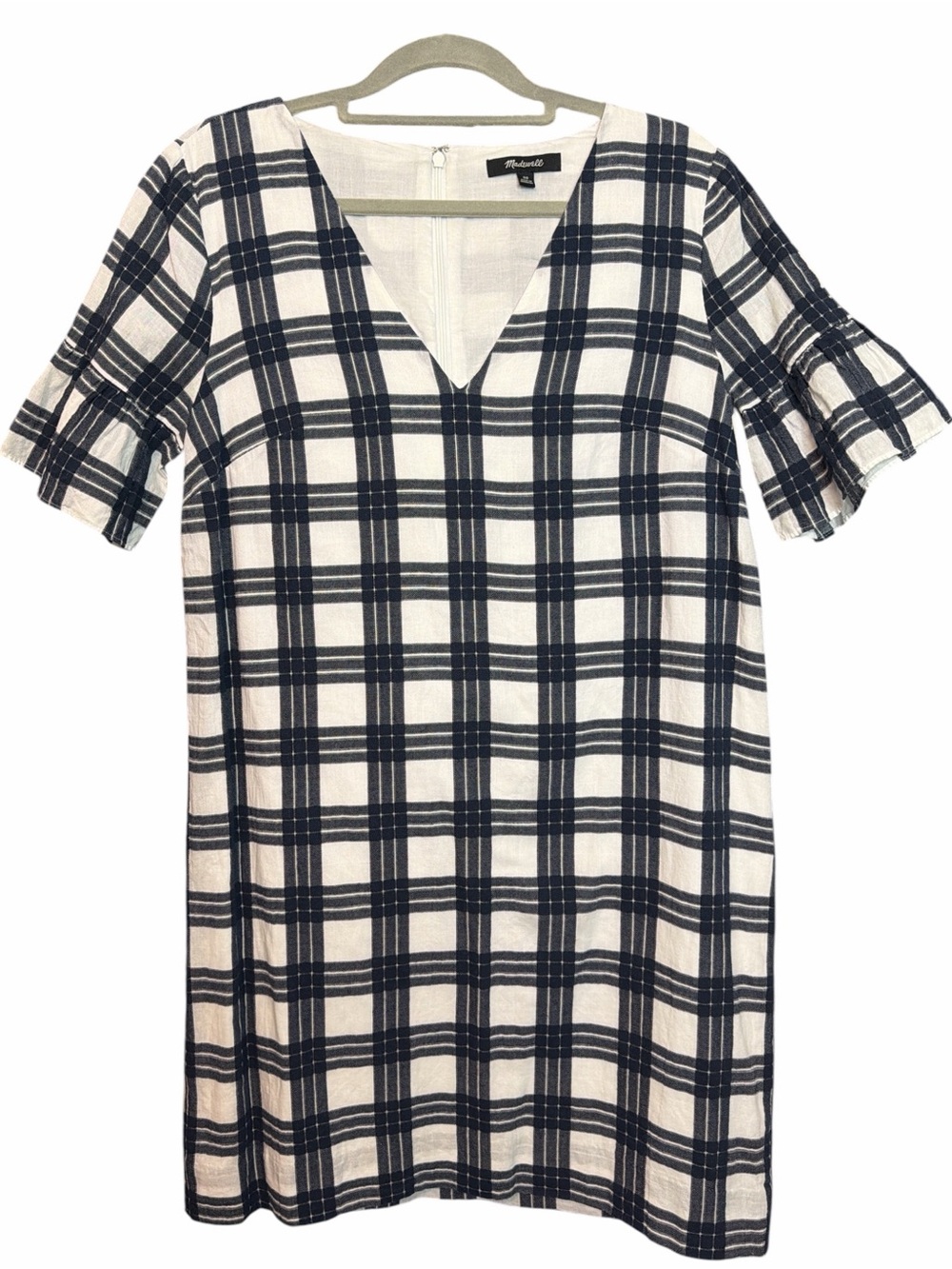 Madewell Plaid Bell-Sleeve Shift Dress Leighton Transatlantic Blue Sz 00